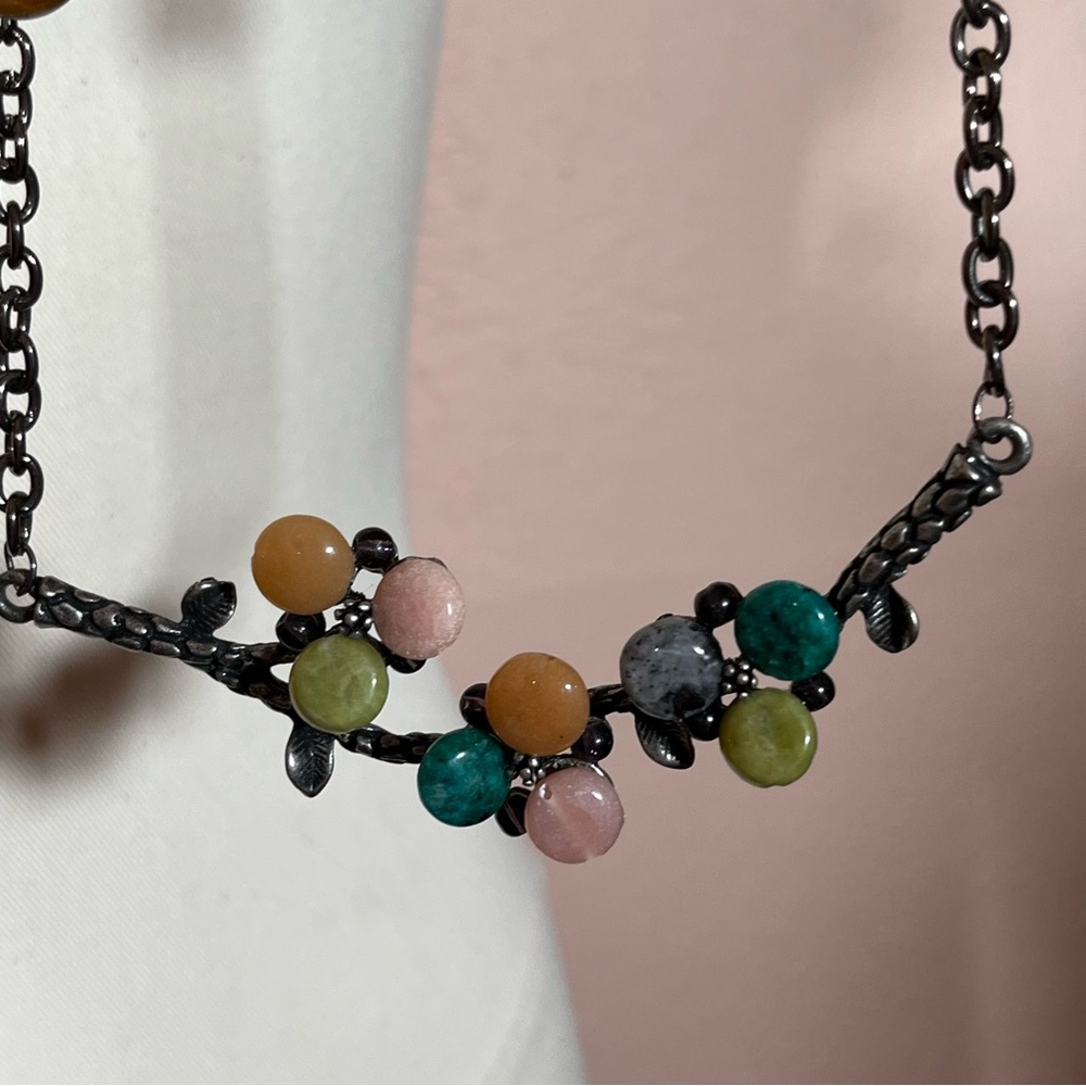 Vintage Boho brutalist Semi Precious stone Southwestern Silver Long Necklace